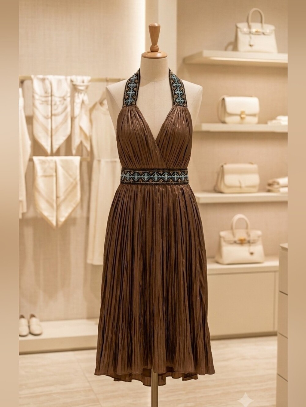 Lyndia Metallic Halter Dress with Bead Accent. Tie at neck. Bodice lined. Size 2